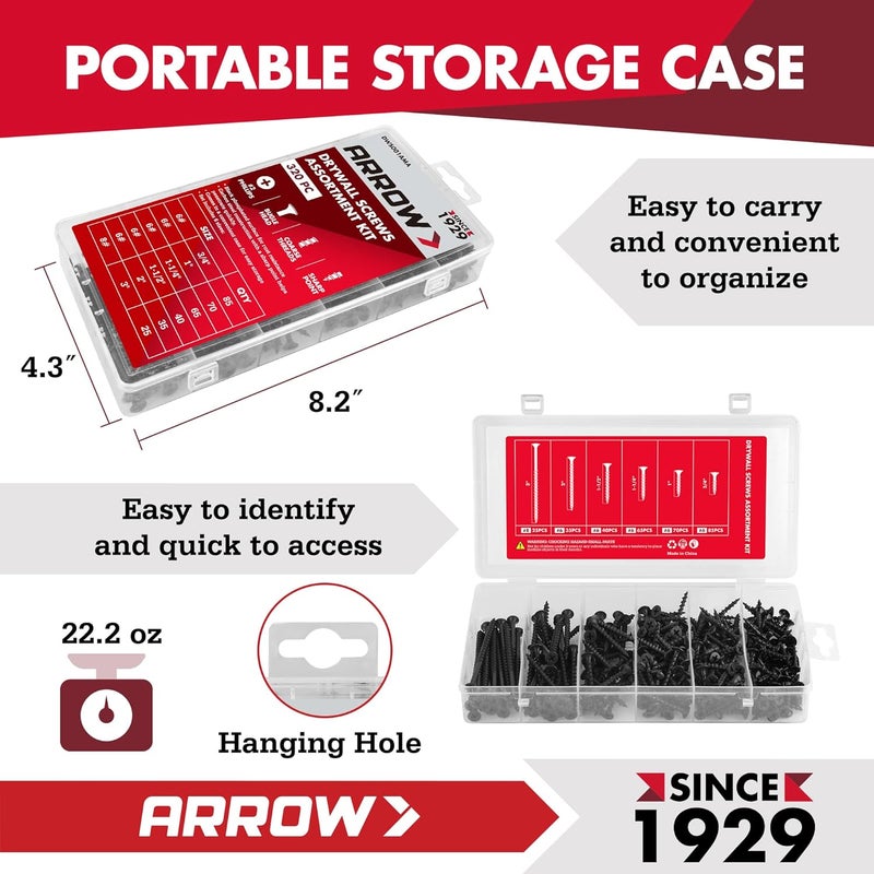 Arrow Fastener Arrow Drywall Screws Assortment Kit, 320pcs #6 & #8 Black Wood Screws, #2 Phillips Bugle Head, Coarse Thread Sharp Tips for Drywall, Wood, Soft Metal (6 Sizes: 3/4", 1",1-1/4", 1-1/2", 2", 3") - Image 5
